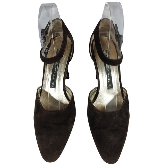 ANNE KLEIN! CHIC CHOCOLATE BROWN GENUINE SUEDE LEATHER STYLIZED HEELS! SZ 7M - Picture 4 of 11